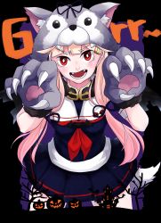 Rule 34 | 1girl, absurdres, anya (anyapoiiii), bat (animal), black ribbon, black serafuku, blonde hair, claws, commentary request, cowboy shot, curled fingers, hair flaps, hair ornament, hair ribbon, hairclip, highres, jack-o&#039;-lantern, kantai collection, long hair, looking at viewer, mansion, neckerchief, paw pose, red eyes, red neckerchief, ribbon, sailor collar, school uniform, serafuku, silhouette, solo, standing, tail, tress ribbon, white sailor collar, wolf hood, wolf tail, yuudachi (kancolle), yuudachi kai ni (kancolle)