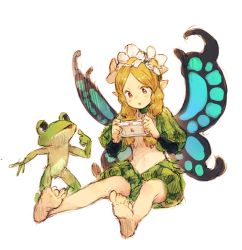 Rule 34 | &gt;:o, 1boy, 1girl, :o, barefoot, blonde hair, braid, butterfly wings, fairy, flower, frog, full body, handheld game console, head tilt, ingway (odin sphere), insect wings, junwool, long hair, long sleeves, looking at another, mercedes (odin sphere), odin sphere, playstation vita, pointing, pointing at self, pointy ears, puff and slash sleeves, puffy sleeves, red eyes, simple background, sitting, sketch, standing, twin braids, v-shaped eyebrows, white background, wings