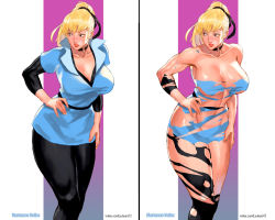 Rule 34 | 1girl, blonde hair, breasts, character name, choker, cleavage, closed mouth, commission, dissolving clothes, dress, groin, large breasts, lastman, marianne velba, pantyhose, popped collar, rejean dubois, short hair, solo, torn clothes, torn pantyhose