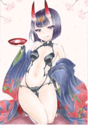 Rule 34 | 1girl, absurdres, alcohol, breasts, cup, eyeliner, fate/grand order, fate (series), highres, horns, japanese clothes, jewelry, makeup, marker (medium), navel, off shoulder, oni, purple eyes, purple hair, revealing clothes, sakazuki, sake, seiza, shuten douji (fate), shuten douji (first ascension) (fate), sitting, skin-covered horns, small breasts, smile, solo, tongue, tongue out, traditional media, yuuki chima