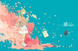 Rule 34 | 1girl, 2020, bag, barcode, blue background, camera, cd, cherry blossoms, closed mouth, commentary request, dots, earphones, flower, full body, green hair, holding, holding earphones, long hair, long sleeves, nengajou, new year, original, petals, pink flower, ponytail, puffy long sleeves, puffy sleeves, qr code, shirt, shoes, single earphone removed, skirt, sneakers, socks, solo, speaker, standing, sweater, white footwear, white skirt, yori (f2 ef7)