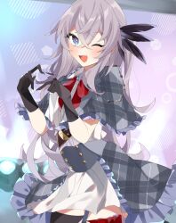 Rule 34 | 1girl, black gloves, blue eyes, bow, bright pupils, fate/grand order, fate (series), feather hair ornament, feathers, gloves, grey hair, hair ornament, heart, heart hands, highres, idol clothes, long hair, one eye closed, ooo00 cha, plaid, plaid skirt, red bow, saika magoichi (fate), skirt, white pupils