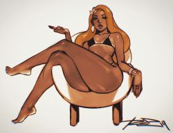 Rule 34 | 1girl, armchair, ass, barefoot, bikini, bikini tan, black bikini, blue eyes, brown hair, chair, commentary, earrings, english commentary, eyeshadow, flat chest, full body, hair down, hair ornament, half-closed eyes, highres, holding, holding pen, jewelry, leaf hair ornament, crossed legs, lips, long hair, makeup, mole, mole above mouth, mole on ass, nose, original, pen, puckered lips, ring, robaato, sitting, solo, swimsuit, tan, tanline, thick thighs, thighs, toes, wide hips, xarope (robaato)