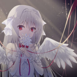 Rule 34 | 1girl, alternate costume, angel, angel wings, bow, bowtie, braid, coffee1223, commentary, covering own mouth, crown braid, detached sleeves, dress, eyes visible through hair, feathered wings, frilled sleeves, frills, grey hair, hair between eyes, hair intakes, hands up, light particles, locker, locker room, long hair, long sleeves, looking at viewer, own hands together, red bow, red bowtie, red eyes, red ribbon, ribbon, sakurakouji luna, sidelighting, simple background, sleeveless, sleeveless dress, solo, straight hair, sunlight, tsuki ni yorisou otome no sahou, upper body, very long hair, white dress, white sleeves, white wings, wings