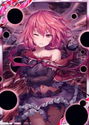 Rule 34 | 1girl, akkijin, bare shoulders, black gloves, breasts, darkness, elbow gloves, frilled skirt, frills, gloves, injury, looking at viewer, medium breasts, official art, one eye closed, pink eyes, pink hair, purple sky, ruins, shinkai no valkyrie, short hair, skirt, sky, stomach, torn clothes