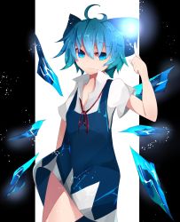 Rule 34 | 1girl, antenna hair, bad id, bad nicoseiga id, blue eyes, blue hair, bow, cirno, detached wings, hair bow, highres, ice, ice wings, matching hair/eyes, ogami ren, onoue ren, short hair, short sleeves, smile, solo, touhou, wings