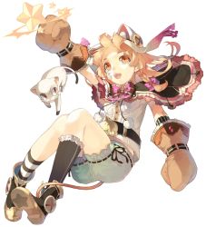 Rule 34 | 1girl, :d, animal ears, asymmetrical legwear, bad id, bad pixiv id, belt, black socks, boots, brown hair, capelet, cat, cat ears, cat tail, cats brain, frills, kneehighs, knees together feet apart, mismatched legwear, mittens, open mouth, orange eyes, original, simple background, smile, socks, solo, star (symbol), striped clothes, striped socks, tail, teeth, white background