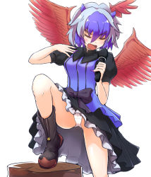 Rule 34 | 1girl, black bow, black dress, black footwear, blouse, blue hair, blue shirt, blush, boots, bow, breasts, closed eyes, commentary request, dress, feathered wings, feet out of frame, fingernails, hair between eyes, hands up, head wings, highres, holding, holding microphone, horns, knee up, medium breasts, microphone, multicolored hair, nail polish, open mouth, panties, pantyshot, petticoat, puffy short sleeves, puffy sleeves, purple nails, red wings, sharp fingernails, shirt, short hair, short sleeves, silver hair, simple background, solo, striped, tada no nasu, thighs, tokiko (touhou), touhou, tree stump, two-tone hair, underwear, v-shaped eyebrows, vertical stripes, white background, white panties, wings
