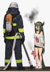 Rule 34 | 1girl, 1other, absurdres, ankle socks, bare shoulders, black footwear, black gloves, black jacket, black pants, black shorts, breasts, brown eyes, camisole, collarbone, dragon girl, dragon horns, dragon tail, drawstring, english text, facing away, fire helmet, firefighter, firefighter jacket, gloves, green hair, grey background, highres, holding, holding stuffed toy, horns, hose, jacket, long hair, looking at another, off shoulder, open mouth, original, pants, pink camisole, pointy ears, see-through, sharp teeth, shirt, shoes, short shorts, shorts, simple background, small breasts, smoke, socks, standing, stuffed animal, stuffed cat, stuffed toy, tail, teeth, very long hair, wet, wet clothes, wet hair, wet shirt, white shirt, wozora