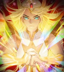 Rule 34 | 1girl, armor, artist name, biceps, blonde hair, blue eyes, bracer, clenched hand, fist in hand, glowing, lens flare, long hair, masters of the universe, oollnoxlloo, rainbow, red background, serious, she-ra (character) (princesses of power), she-ra and the princesses of power, shoulder armor, sleeveless, solo, sparkle, tiara, toned, twitter username, upper body, very long hair