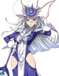 Rule 34 | 1girl, cowboy shot, duel monster, gloves, grey hair, highres, hip vent, holding, holding wand, impossible clothes, long hair, long sleeves, pelvic curtain, purple eyes, silent magician, smile, solo, takkayuuki, wand, white gloves, white hair, yu-gi-oh!