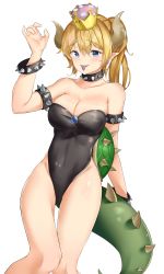 Rule 34 | 1girl, absurdres, armlet, bare shoulders, black collar, black leotard, blonde hair, blue eyes, bowsette, bracelet, breasts, cleavage, collar, commentary request, crown, earrings, fingernails, highres, horns, jewelry, kuse (0201), large breasts, leotard, long hair, looking at viewer, mario (series), new super mario bros. u deluxe, nintendo, pointy ears, ponytail, sharp fingernails, sharp teeth, solo, spiked armlet, spiked bracelet, spiked collar, spiked shell, spiked tail, spikes, strapless, strapless leotard, super crown, tail, teeth, turtle shell
