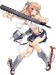 Rule 34 | 1girl, breasts, club, club (weapon), crop top, fake horns, full body, gun, horns, johnston (kancolle), kanabou, kantai collection, light brown hair, medium breasts, midriff, navel, official art, oni, oni horns, setsubun, spiked club, spikes, stomach, tank top, transparent background, turret, two side up, weapon, white tank top, zeco