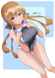 Rule 34 | 1girl, ayuman, black bow, black one-piece swimsuit, bow, breasts, brown eyes, brown hair, commentary request, competition swimsuit, cowboy shot, highres, kantai collection, large breasts, long hair, low twintails, multicolored background, multicolored clothes, multicolored swimsuit, one-piece swimsuit, smile, solo, swimsuit, tashkent (kancolle), twintails