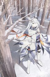 Rule 34 | 1girl, animal ears, arknights, bare tree, black gloves, boots, cloak, closed mouth, commentary, dress, empty eyes, frostnova (arknights), frown, full body, gloves, grey eyes, hair ornament, hair over one eye, highres, holding, holding sword, holding weapon, knee boots, long hair, looking at viewer, looking up, outdoors, rabbit ears, rabbit girl, sae1293, scar, scar on face, scar on nose, snow, snow on tree, solo, sword, tree, weapon, white cloak, white dress, white footwear, white hair