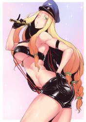 Rule 34 | 1girl, alternate costume, ass, bandeau, bare shoulders, black bandeau, black gloves, blonde hair, breasts, colored eyelashes, cosplay, crossover, fate/grand order, fate (series), gloves, green eyes, hat, highres, long hair, looking at viewer, nakamura regura, one eye closed, peaked cap, quetzalcoatl (fate), revealing clothes, sheryl nome (cosplay), short shorts, shorts, skirt, solo, suspenders, very long hair