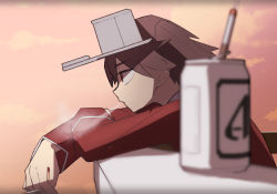 Rule 34 | 10s, 1girl, beer can, blurry, brown eyes, brown hair, can, cigarette, depth of field, drink can, from side, highres, holding, holding cigarette, kantai collection, profile, ryuujou (kancolle), smoke, smoking, solo, twintails, upper body, visor cap, zhui