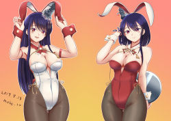 Rule 34 | 2girls, alternate costume, animal ears, artist name, black hair, black legwear, bow, bowtie, breasts, cleavage, commentary request, cowboy shot, dated, detached collar, fake animal ears, fusou (kancolle), gradient background, hair ornament, highleg, highleg leotard, highres, kantai collection, leotard, long hair, looking at viewer, medium breasts, moke ro, multiple girls, orange background, pantyhose, playboy bunny, rabbit ears, red eyes, red leotard, short hair, strapless, strapless leotard, tray, white leotard, wrist cuffs, yamashiro (kancolle)