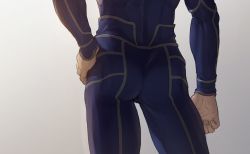 Rule 34 | 1boy, arm at side, ass, ass focus, bad id, bad twitter id, blue bodysuit, bodysuit, close-up, commentary request, contrapposto, cu chulainn (fate), cu chulainn (fate/stay night), fate/stay night, fate (series), from behind, gradient background, hand on own hip, highres, long sleeves, male focus, mondi hl, solo, white background