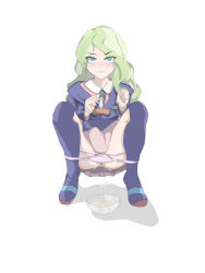 Rule 34 | 1girl, aburakou, blue eyes, blush, diana cavendish, green hair, little witch academia, looking at viewer, panties, panty pull, peeing, peeing in cup, pussy, solo, squatting, uncensored, underwear, white background