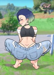 Rule 34 | 1girl, arched soles, armpits, ass, back, bare shoulders, barefoot, black shirt, blue hair, breasts, brown eyes, choker, creatures (company), crop top, curvy, day, denim, detached sleeves, eyelashes, feet, female focus, from behind, full body, game freak, gradient hair, grass, half-closed eyes, highres, jeans, knees apart feet together, legs, lips, looking at viewer, looking back, medium breasts, medium hair, midriff, multicolored hair, nature, neck, nintendo, outdoors, panties, pants, panty peek, parted bangs, perrin (pokemon), pokemon, pokemon sv, profile, public indecency, seductive smile, sexually suggestive, shiny skin, shirt, shoulder blades, sidelocks, sleeveless, smile, soles, spread legs, squatting, szero, thighs, thong, tight clothes, tight pants, tiptoes, toenails, toes, torn clothes, torn pants, tree, turning head, two-tone hair, underwear, unworn footwear, v arms, watermark, whale tail (clothing), white panties