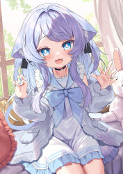 Rule 34 | 1girl, :3, absurdres, animal ear fluff, animal ears, arms up, blue cardigan, blue eyes, blue hair, cardigan, cat ears, cat girl, choker, curtains, dress, fang, highres, indoors, long hair, looking at viewer, nail polish, nyahu (nyahu 77), open mouth, original, ribbon, sitting, smile, solo, stuffed animal, stuffed rabbit, stuffed toy, white dress, window