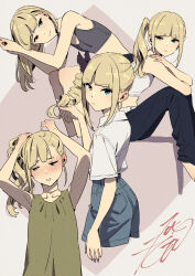 Rule 34 | 1girl, adjusting hair, arched back, asymmetrical hair, barefoot, black pants, black shorts, blonde hair, blue shorts, blunt bangs, blush, collage, cropped legs, curly hair, dress, elbow on knee, flat chest, green dress, green eyes, grey sports bra, twirling hair, haishima isari, hand on own shoulder, heterochromia, highres, jewelry, knees up, kobayashi gen, light smile, looking at viewer, looking back, midriff, necklace, pants, school girl strikers, shirt, shorts, side ponytail, sidelocks, signature, simple background, sitting, sports bra, tank top, wavy hair, white shirt, white tank top, yellow eyes