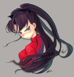Rule 34 | 1girl, angry, black hair, blue eyes, blush, fate/stay night, fate (series), frown, long hair, looking back, solo, sweater, tohsaka rin, two side up, upper body, yu li