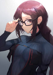 Rule 34 | 1girl, arm strap, black dress, blue dress, braid, braided ponytail, breasts, brown eyes, brown hair, center opening, dress, earrings, fate/grand order, fate (series), glasses, grey dress, highres, jewelry, layered dress, long hair, long sleeves, medium breasts, multiple earrings, otsukemono, ribbed dress, ribbon-trimmed dress, single braid, solo, very long hair, yu mei-ren (fate), yu mei-ren (first ascension) (fate)