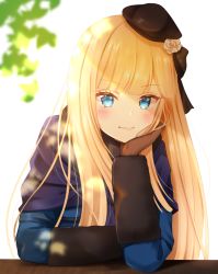 Rule 34 | 1girl, arm support, backlighting, beret, blonde hair, blue coat, blue eyes, blush, bow, brown bow, brown gloves, brown hat, closed mouth, coat, commentary request, fate (series), flower, gloves, hair bow, hair flower, hair ornament, hat, head in hand, head rest, light smile, long hair, long sleeves, lord el-melloi ii case files, nasii, reines el-melloi archisorte, rose, simple background, solo, upper body, v-shaped eyebrows, white background, white flower, white rose
