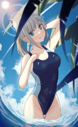 Rule 34 | 1girl, animal ear fluff, animal ears, black one-piece swimsuit, blue archive, blue eyes, blue sky, blurry, breasts, cloud, competition swimsuit, covered navel, cross hair ornament, day, depth of field, extra ears, grey hair, hair ornament, halo, highres, leaf, low ponytail, medium breasts, medium hair, mismatched pupils, multicolored clothes, multicolored swimsuit, official alternate costume, one-piece swimsuit, outdoors, shiroko (blue archive), shiroko (swimsuit) (blue archive), sky, solo, standing, sun, swimsuit, van epi, wading, water, wolf ears