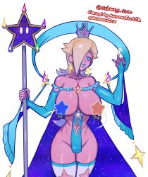 Rule 34 | 1girl, alternate costume, blonde hair, blue eyes, blue lips, breasts, clothing cutout, collarbone, cowboy shot, crown, detached sleeves, earrings, elbow gloves, functionally nude, gloves, hair over one eye, highres, holding, jewelry, large breasts, loincloth, long hair, luma (mario), mario (series), nail polish, navel, navel cutout, nintendo, rosalina, solo, star (symbol), subway sum, super mario bros. 1, super mario galaxy, thighhighs, wand, white background