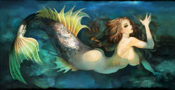 Rule 34 | 1girl, ass, breasts, brown hair, dragon&#039;s crown, fins, green eyes, highres, kamitani george, large breasts, mermaid, mermaid (dragon&#039;s crown), monster girl, nipples, nude, scales, solo, uncensored, vanillaware, water, water surface