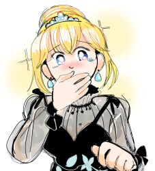 Rule 34 | 1girl, bbbbungle, black dress, blonde hair, blue eyes, blush, dress, earrings, hair bun, highres, hololive, hololive english, jewelry, looking at viewer, official alternate hairstyle, see-through, single hair bun, solo, tiara, virtual youtuber, watson amelia, watson amelia (party dress)
