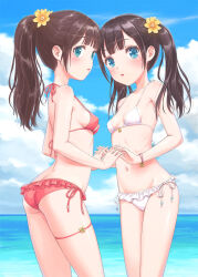 Rule 34 | 2girls, ass, beach, bikini, blue eyes, blush, breasts, brown hair, butt crack, cloud, commentary request, day, dktaka, face-to-face, flower, groin, hair flower, hair ornament, holding hands, long hair, looking at viewer, multiple girls, navel, ocean, original, outdoors, pink bikini, ponytail, side-tie bikini bottom, sky, small breasts, stomach, swimsuit, thigh strap, thighs, twintails, white bikini