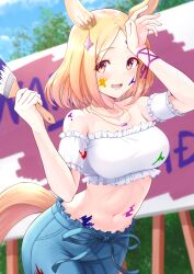 Rule 34 | 1girl, absurdres, animal ears, arm up, bare shoulders, blonde hair, blue pants, blue sky, blush, breasts, brown eyes, cloud, collarbone, commentary request, cowboy shot, day, detached sleeves, ear covers, ear ornament, highres, holding, holding paintbrush, horse ears, horse girl, horse tail, large breasts, looking at viewer, midriff, narita top road (umamusume), navel, open mouth, outdoors, paint on body, paint on clothes, paint splatter, paint splatter on face, paintbrush, pants, parted bangs, short hair, sidelocks, single ear cover, sky, solo, standing, strapless, tail, teeth, tube top, umamusume, white sleeves, white tube top, wrist wrap, yosasa mudura