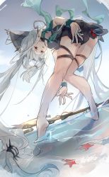 Rule 34 | 1girl, arknights, ass, bare legs, bent over, breasts, chinese commentary, commentary request, grey hair, haixianbai, highres, large breasts, long hair, official alternate costume, parted lips, red eyes, skadi (arknights), skadi the corrupting heart (arknights), skadi the corrupting heart (sublimation) (arknights), solo, staff, thigh strap, thighs
