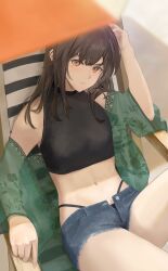 Rule 34 | 1girl, absurdres, bare shoulders, black hair, black shirt, brown eyes, commentary, crop top, denim, denim shorts, green shirt, highres, long hair, looking at viewer, midriff, navel, off shoulder, open clothes, open fly, open shirt, original, parted lips, shirt, short shorts, shorts, sleeveless, sleeveless shirt, solo, stomach, symbol-only commentary, thighs, uzurako