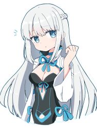 Rule 34 | 1girl, arm at side, black dress, blue bow, blue bowtie, blue choker, blue eyes, blue ribbon, bow, bowtie, braid, breasts, bright pupils, choker, cleavage, cleavage cutout, closed mouth, clothing cutout, collared dress, crown braid, dress, expressionless, fate/grand order, fate (series), french braid, hair between eyes, hand up, long hair, long sleeves, looking at viewer, medium breasts, morgan le fay (fate), notice lines, rabiiandrain, ribbon, simple background, single braid, solo, stomach cutout, straight hair, two-tone dress, upper body, white background, white dress, white hair, white sleeves, wide sleeves