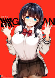 Rule 34 | 10s, 1girl, alternate breast size, black hair, blouse, blue eyes, blunt bangs, bow, bowtie, breasts, character name, collared shirt, gridman universe, head tilt, jacket, large breasts, long hair, looking at viewer, miniskirt, parted lips, raised eyebrows, red background, red bow, red bowtie, red ribbon, ribbon, shirt, shirt tucked in, skirt, solo, ssss.gridman, sumisumii, takarada rikka, thighs, white jacket, white shirt