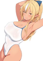 Rule 34 | 1girl, armpits, blonde hair, breasts, competition school swimsuit, cowboy shot, dark-skinned female, dark skin, elf, gin mitsu, hair ribbon, high ponytail, highleg, highleg swimsuit, highres, hololive, hololive fantasy, large breasts, long hair, looking at viewer, multicolored hair, one-piece swimsuit, pointy ears, presenting armpit, red eyes, ribbon, school swimsuit, shiranui flare, simple background, solo, streaked hair, swimsuit, virtual youtuber, white background, white hair, white one-piece swimsuit
