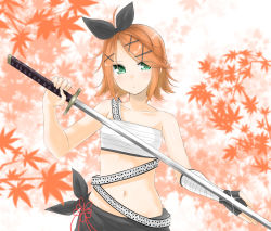 Rule 34 | 1girl, autumn leaves, bandages, bare shoulders, blonde hair, blush, bow, collarbone, fingerless gloves, gloves, green eyes, hair bow, highres, holding, holding weapon, iroha uta (vocaloid), kagamine rin, looking at viewer, navel, nemuri oto yume, outdoors, sarashi, short hair, sky, standing, strap, sword, vocaloid, weapon