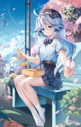 Rule 34 | 1girl, absurdres, alternate costume, belt, bento, beret, black belt, black hat, black skirt, blue eyes, blue shirt, blue sky, cherry blossoms, closed mouth, cloud, collared shirt, cowlick, cup, day, disposable cup, drop-shaped pupils, eating, floating hair, fork, full body, furina (genshin impact), genshin impact, grey hair, guzangnanfeng, hair between eyes, hat, highres, holding, holding cup, holding fork, long hair, looking at viewer, mismatched pupils, no shoes, on bench, outdoors, reaching, reaching towards viewer, school uniform, shirt, short sleeves, sitting, skirt, sky, smile, socks, solo, symbol-shaped pupils, wavy hair, white socks