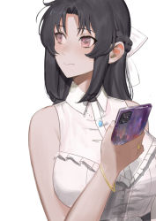 Rule 34 | 1girl, atelier live, black hair, blush, bow, breasts, cellphone, collared shirt, ex-trident, hair behind ear, hair bow, highres, himey (vtuber), holding, holding phone, jewelry, looking to the side, looking up, medium breasts, necklace, parted bangs, phone, pink eyes, shirt, sleeveless, sleeveless shirt, smartphone, solo, virtual youtuber, white background, white bow