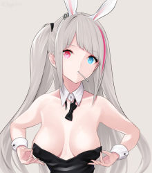 Rule 34 | 1girl, animal ears, bare shoulders, black bow, black bowtie, blue eyes, bow, bowtie, breasts, closed mouth, fake animal ears, girls&#039; frontline, grey background, hair ornament, hairclip, heterochromia, ingerdoll, leotard, long hair, looking at viewer, mdr (girls&#039; frontline), medium breasts, multicolored hair, playboy bunny, purple eyes, rabbit ears, side ponytail, silver hair, solo, upper body