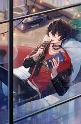Rule 34 | 1boy, black hair, black pants, commentary request, ensemble stars!, fangs, food, hair between eyes, holding, holding food, holding pocky, indoors, jacket, light, long sleeves, looking at viewer, male focus, open clothes, open jacket, open mouth, pants, pillow, pocky, red eyes, red shirt, rolling suitcase, sakuma ritsu, seuga, shirt, short hair, solo, suitcase, table