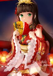 Rule 34 | 10s, 1girl, absurdres, blush, brown hair, character name, dark background, detached sleeves, flower, frilled kimono, frilled sleeves, frills, green eyes, hair flower, hair ornament, hand fan, hands up, highres, holding, holding fan, japanese clothes, kimono, kurosawa dia, looking at viewer, love live!, love live! school idol festival, love live! school idol project, love live! sunshine!!, obi, oretsuu, paper fan, sash, short sleeves, smile, solo