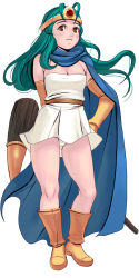 Rule 34 | 1girl, boots, breasts, cape, chunsoft, circlet, cleavage, dragon quest, dragon quest iii, enix, full body, gloves, green hair, kouno (masao), long hair, medium breasts, panties, pantyshot, red eyes, sage (dq3), solo, staff, standing, underwear, wind