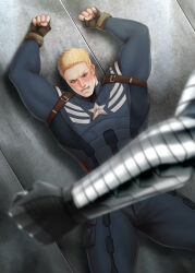 Rule 34 | 2boys, bara, black gloves, blonde hair, blue bodysuit, blue eyes, blush, bodysuit, bound, bound wrists, brown gloves, captain america, captain america (series), clenched hands, clenched teeth, fingerless gloves, gloves, james buchanan barnes, large pectorals, male focus, marvel, multiple boys, muscular, muscular male, mxsxe, pectorals, restrained, short hair, solo focus, steve rogers, teeth, yaoi