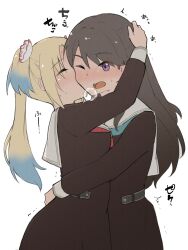 Rule 34 | 2girls, blonde hair, blue hair, blush, brown hair, closed eyes, commentary, cowboy shot, flower, fujishima megumi, gradient hair, hair flower, hair ornament, hand on another&#039;s head, highres, himero, hug, kiss, kissing cheek, light blue hair, link! like! love live!, long hair, love live!, mira-cra park!, multicolored hair, multiple girls, nose blush, one eye closed, open mouth, osawa rurino, parted bangs, pink flower, purple eyes, simple background, sound effects, symbol-only commentary, trembling, twintails, two side up, virtual youtuber, white background, white flower, yuri